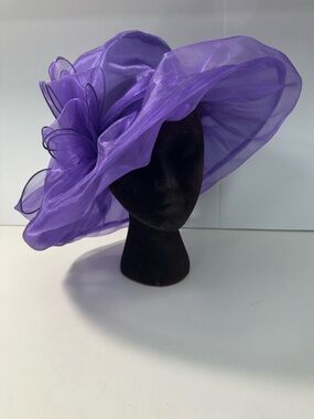 Saferin Purple Sheer Wide-Brim Organza Hat with Bow Tie Suspenders church party